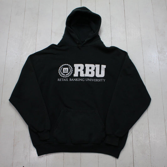 1990s/2000s Y2K RBU Retail Banking University Black Hoodie Sweatshirt Size XL