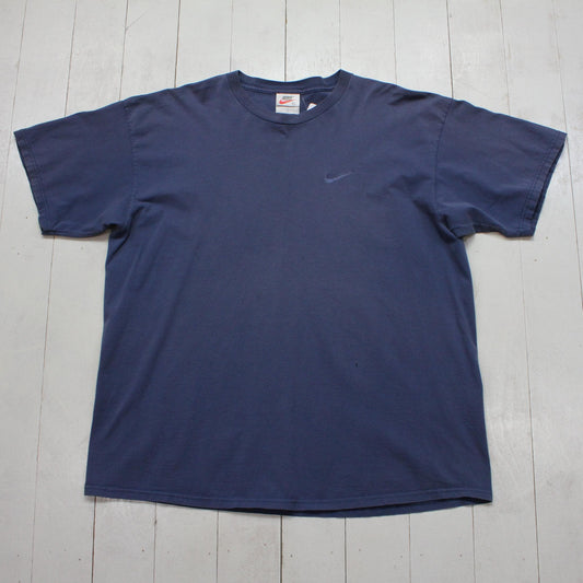 1990s Nike Grey Blue Small Logo Embroidered Check Swoosh T-Shirt Made in USA Size XL