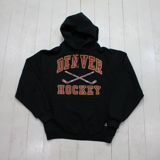 2000s Y2K Russell Athletic Black Denver Hockey Hoodie Sweatshirt Size M