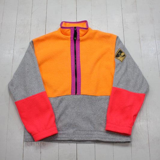 1990s Ocean Pacific OP Grey Orange Colour Block 1/2 Zip Fleece Pullover Jacket Size L