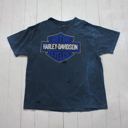 1990s Harley-Davidson Bar and Shield Ft Lauderdale Florida Blue Dye Motorcycle T-Shirt Made in USA Size L