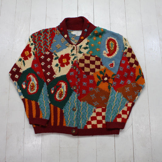 1990s 1990s Eagle's Eye Paisley Patchwork Style Ramie Cotton Blend Hand Knit Cardigan Sweater Size M