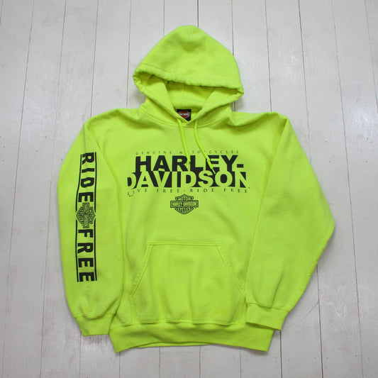 2010s Harley-Davidson Bright Yellow Live Free Ride Free Longley Peterborough Ontario Motorcycle Hoodie Sweatshirt M