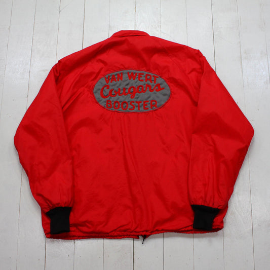 1980s/1990s Sportsmaster Red Chain Stitch Van Wert Cougars Booster Glen Cotton Lined Coach Jacket Size XL