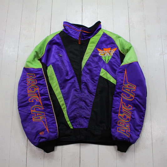 1990s Arctic Cat Black Purple Thinsulate Insulated Snowmobile Nylon Jacket Size XL