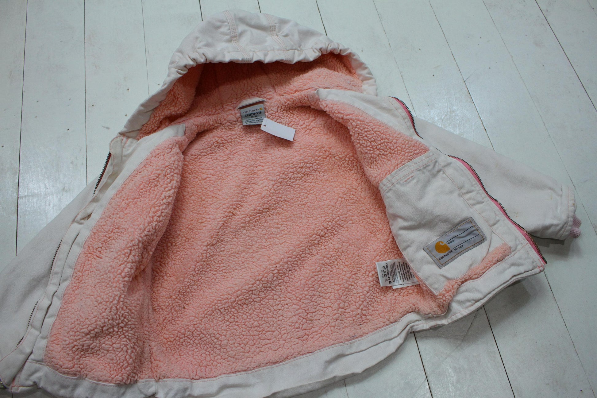 2000s Y2K Carhartt Pink Sherpa Lined Hooded Active Jacket Kid's Size 4-6T