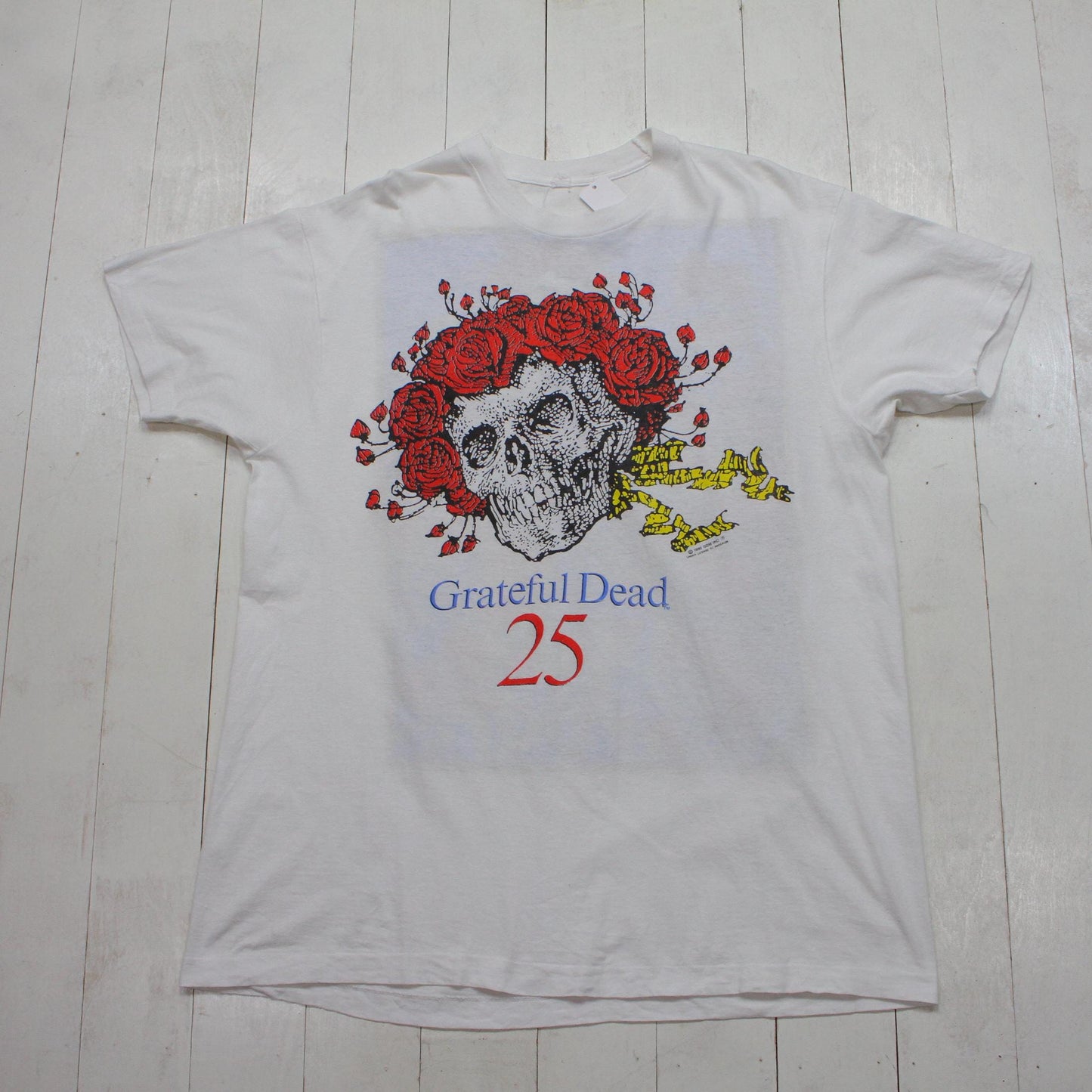 1990s Grateful Dead 25 25th Anniversary Print Skull and Roses Bertha Print T-Shirt Size XL