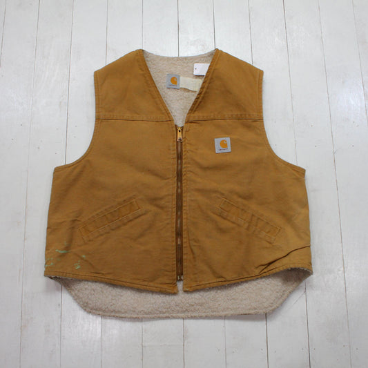 1990s Carhartt V03BRN Duck Canvas Sherpa Lined Vest Jacket Made in USA Size XL