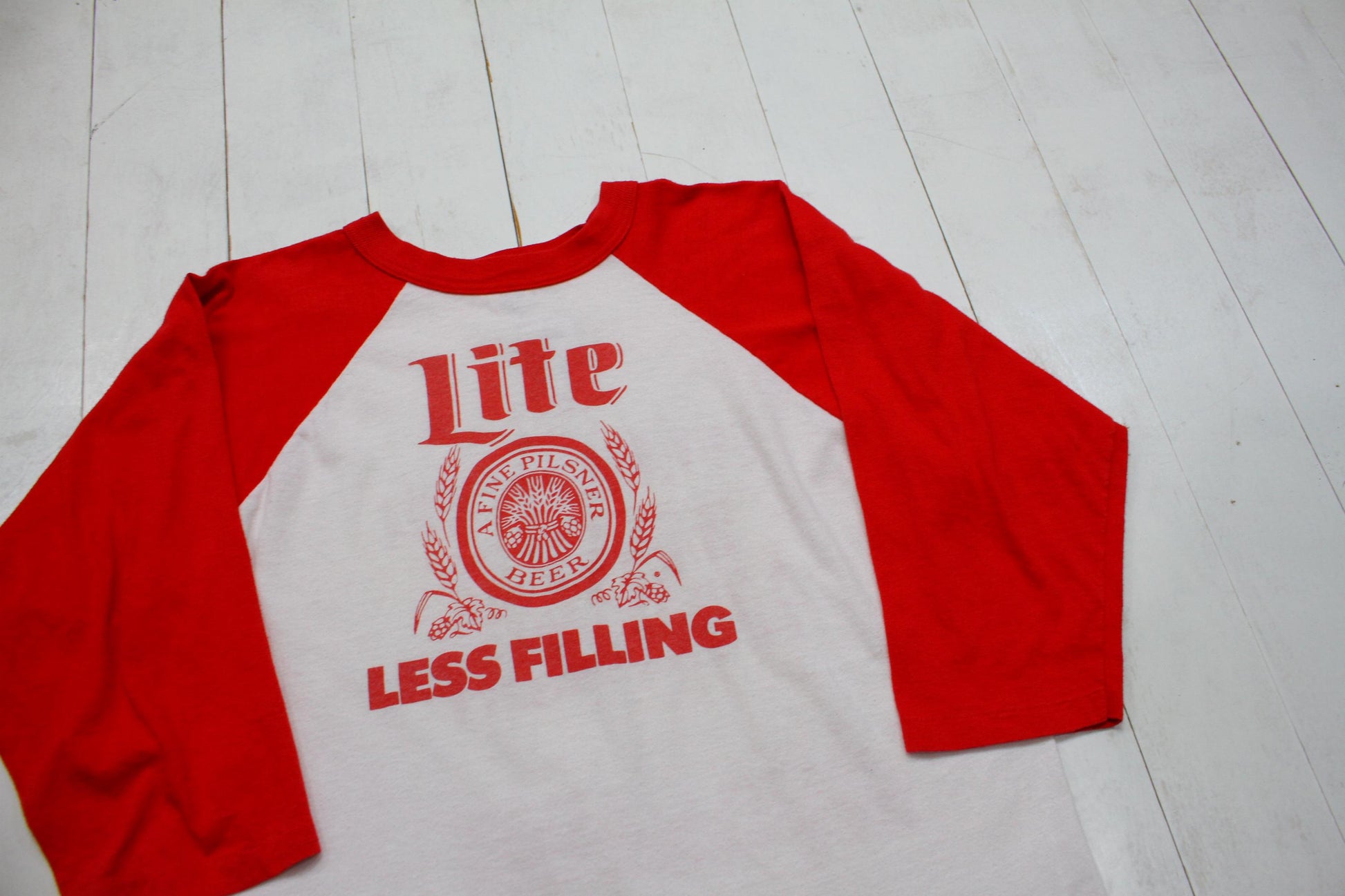 1980s 1981 Miller Lite University of Iowa Wallyball 3/4 Sleeve Raglan Beer T-Shirt Made in USA Size L