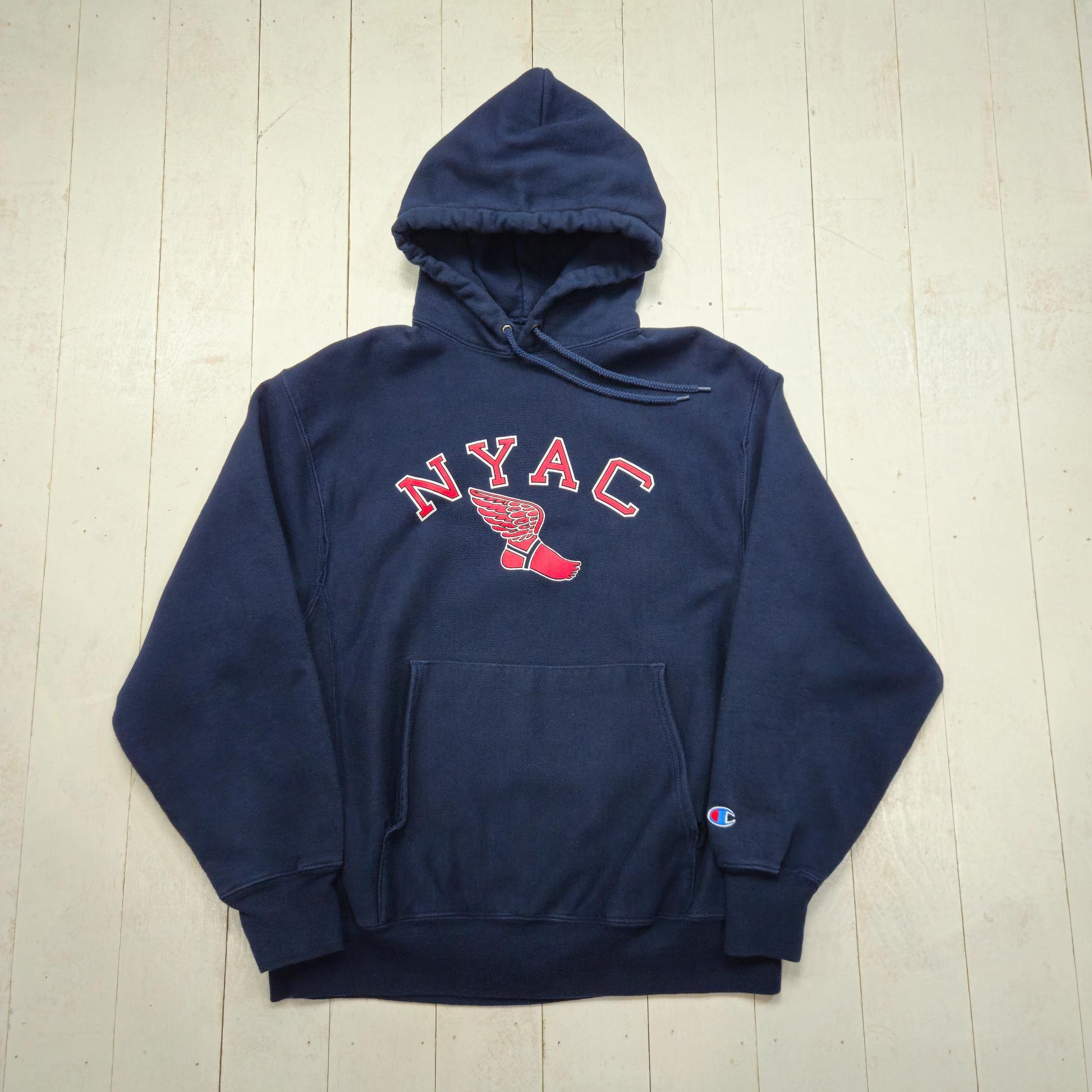 2000s Y2K Champion Blue NYAC New York Athletic Club Reverse Weave Hoodie Sweatshirt Size M/L