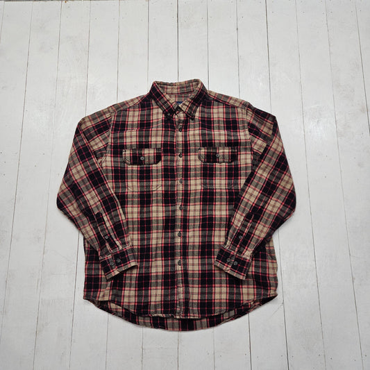 2000s/2010s Faded Glory Red Black Beige Plaid Button Down Flannel Shirt Size L