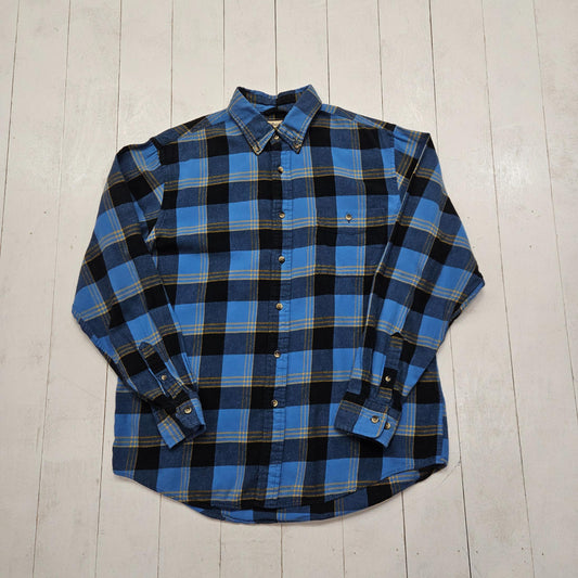 1990s/2000s Y2K GH Bass Co Blue Yellow Plaid Button Down Flannel Shirt Size L