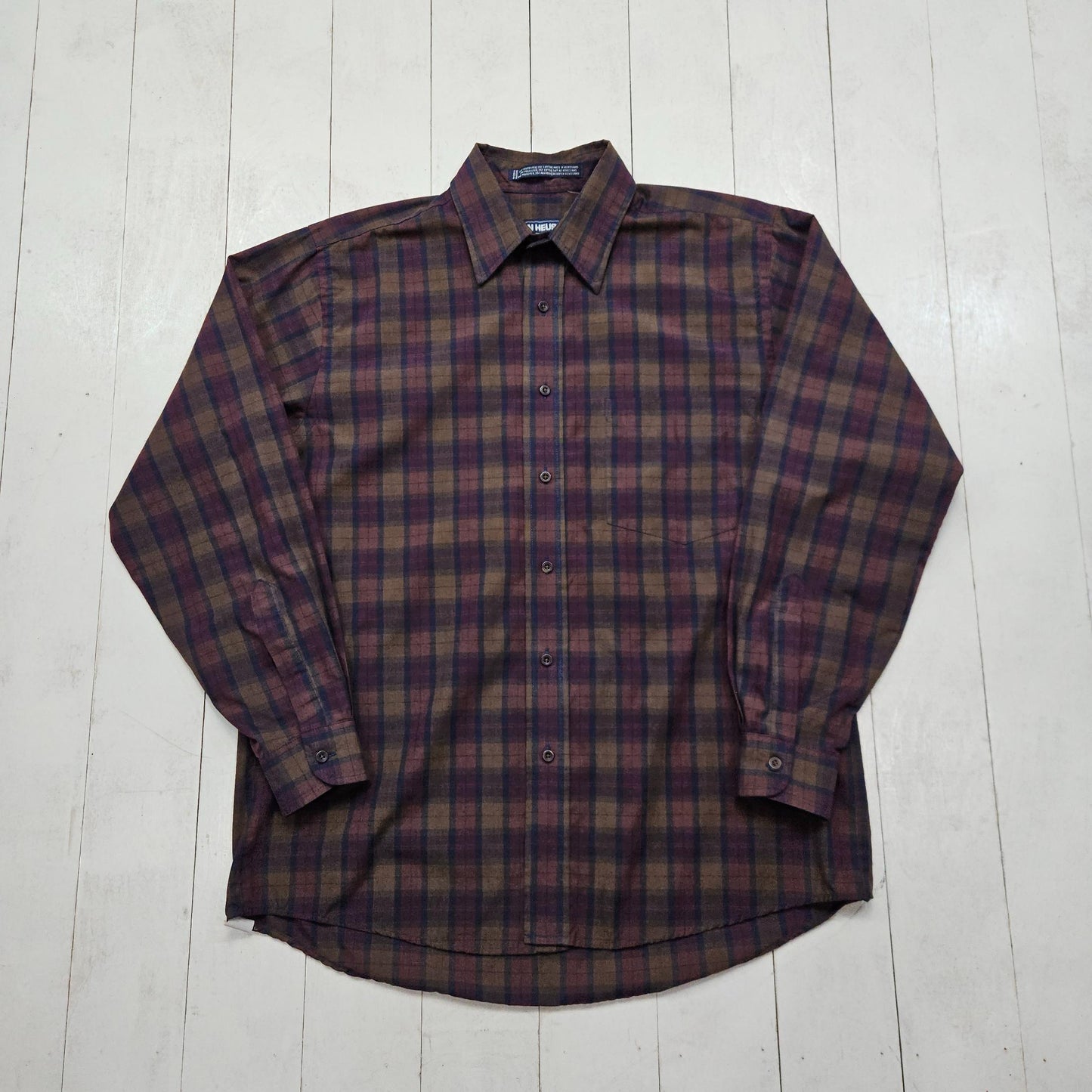 2000s Y2K Van Heusen Burgundy Yellow Plaid Cotton Polyester Blend Shirt Size M/L