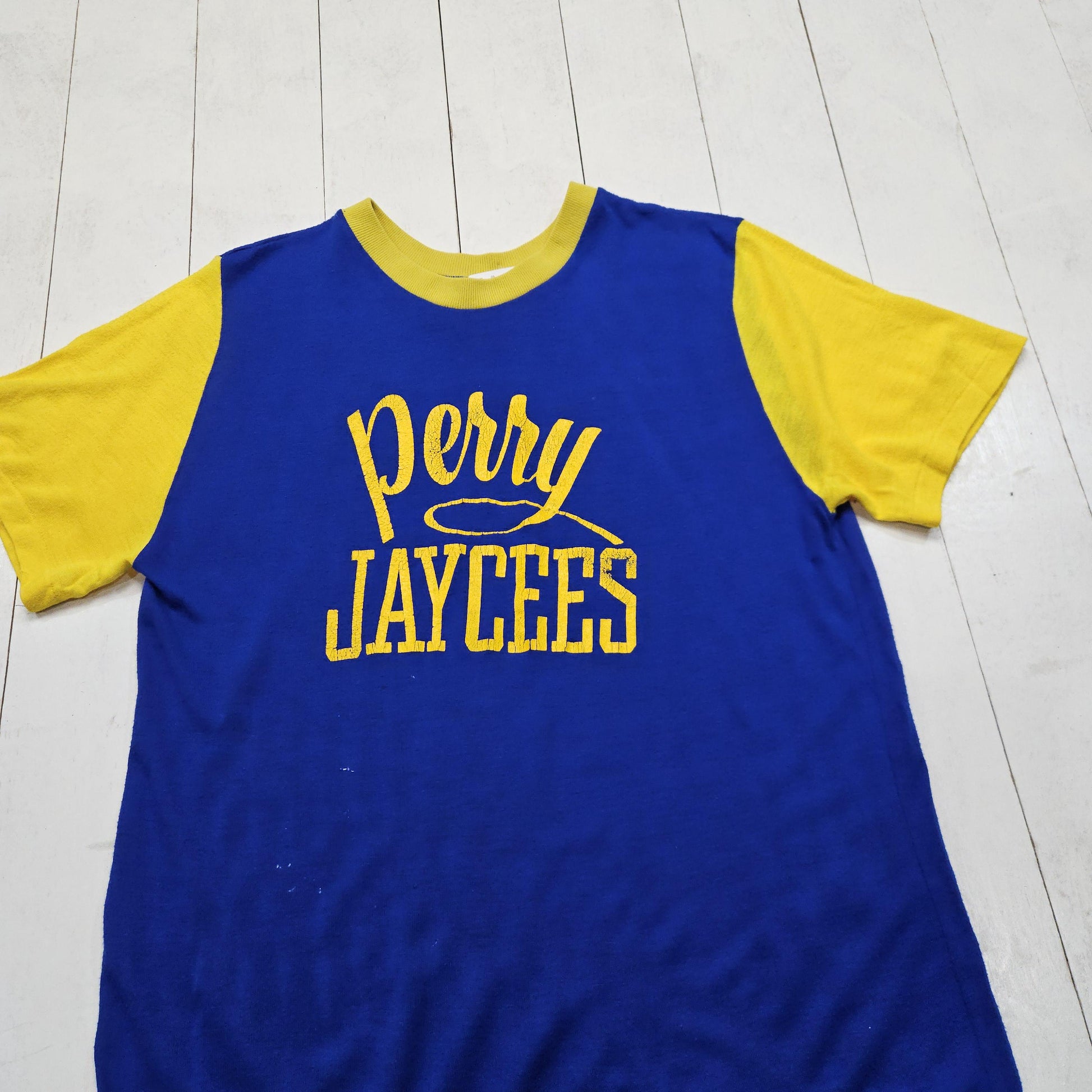 1970s Dodger Sportswear Orlon Acrylic Blue Yello Perry Jaycees Two Tone Jersey T-Shirt Size M