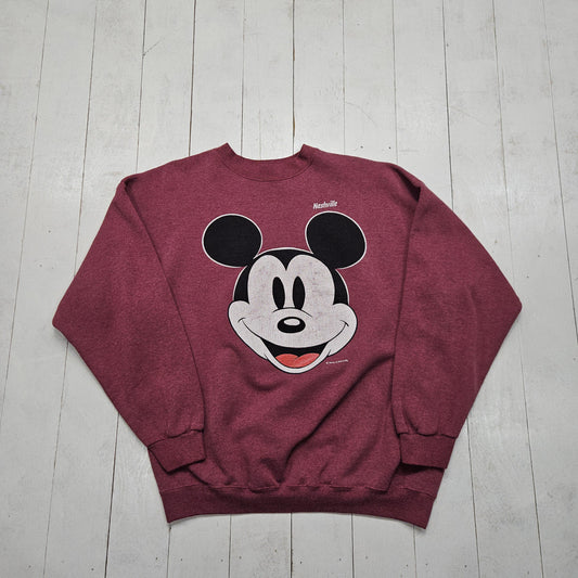 1990s Sherry MFG Faded Maroon Disney Mickey Mouse Face Nashville Sweatshirt Size M/L