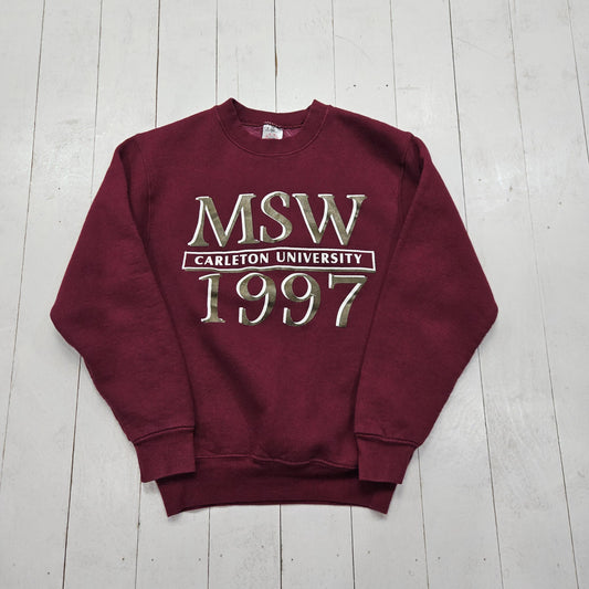 1990s 1997 Fruit of the Loom Super Cotton Maroon Carleton University MSW Master of Social Work Sweatshirt Made in USA Size S