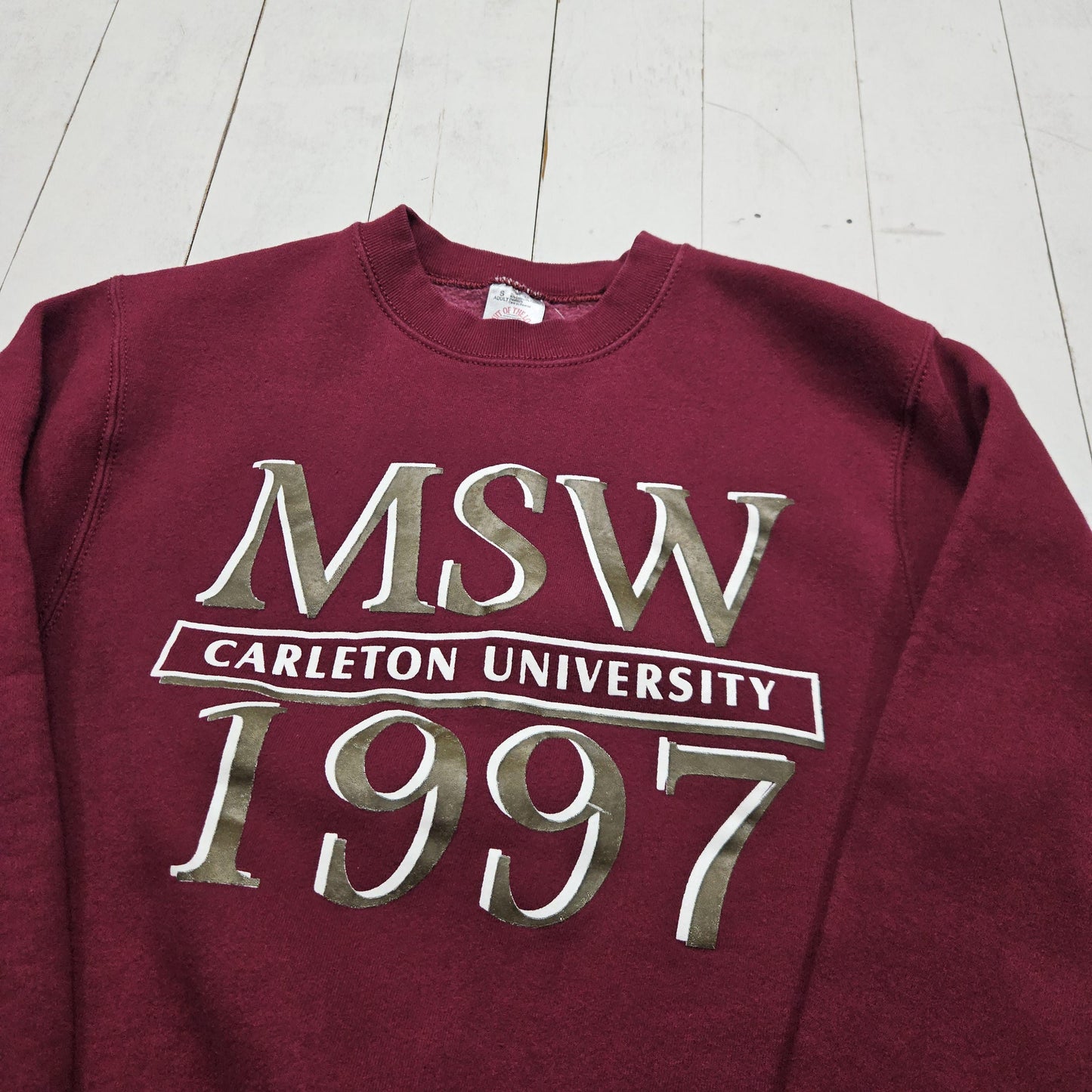 1990s 1997 Fruit of the Loom Super Cotton Maroon Carleton University MSW Master of Social Work Sweatshirt Made in USA Size S