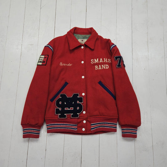 1970s Standard Pennant Red S.M.A.H.S. Band Quilted Lined Wool Varsity Letterman Jacket Size S