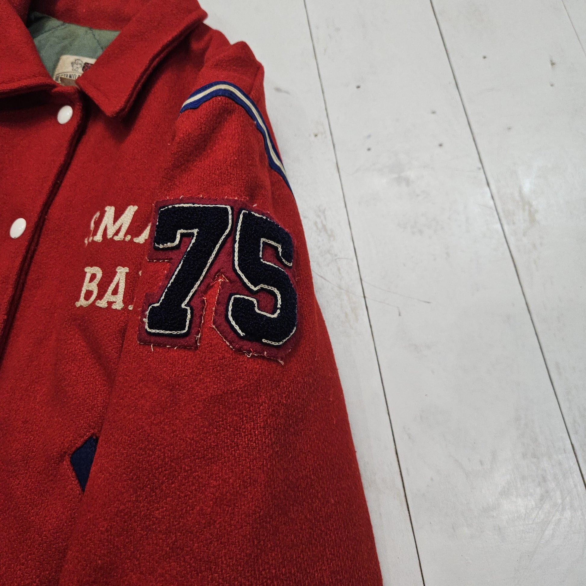 1970s Standard Pennant Red S.M.A.H.S. Band Quilted Lined Wool Varsity Letterman Jacket Size S