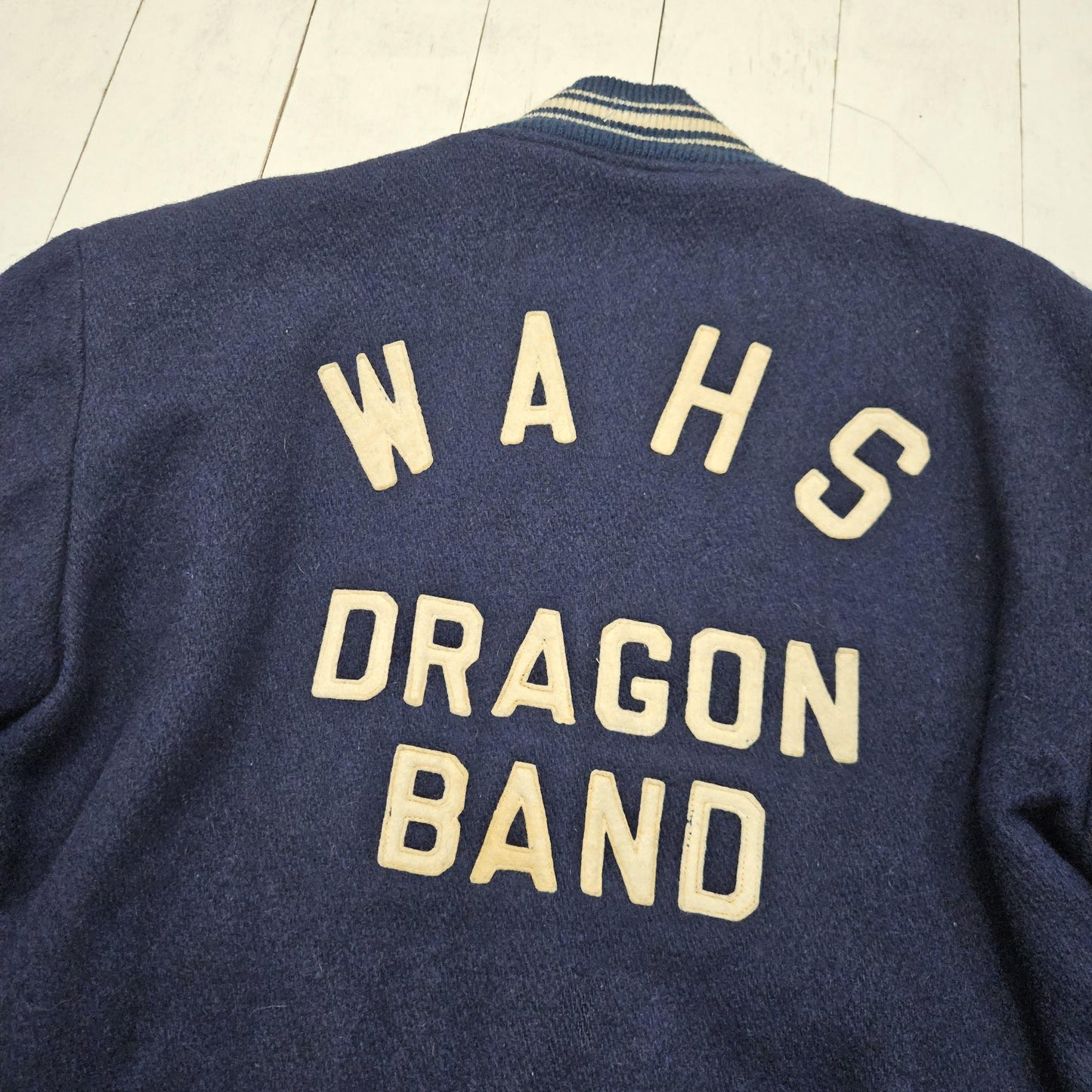 1970s Standard Pennant Blue WAHS Dragon Band Quilted Lined Wool Varsity Letterman Jacket Size M