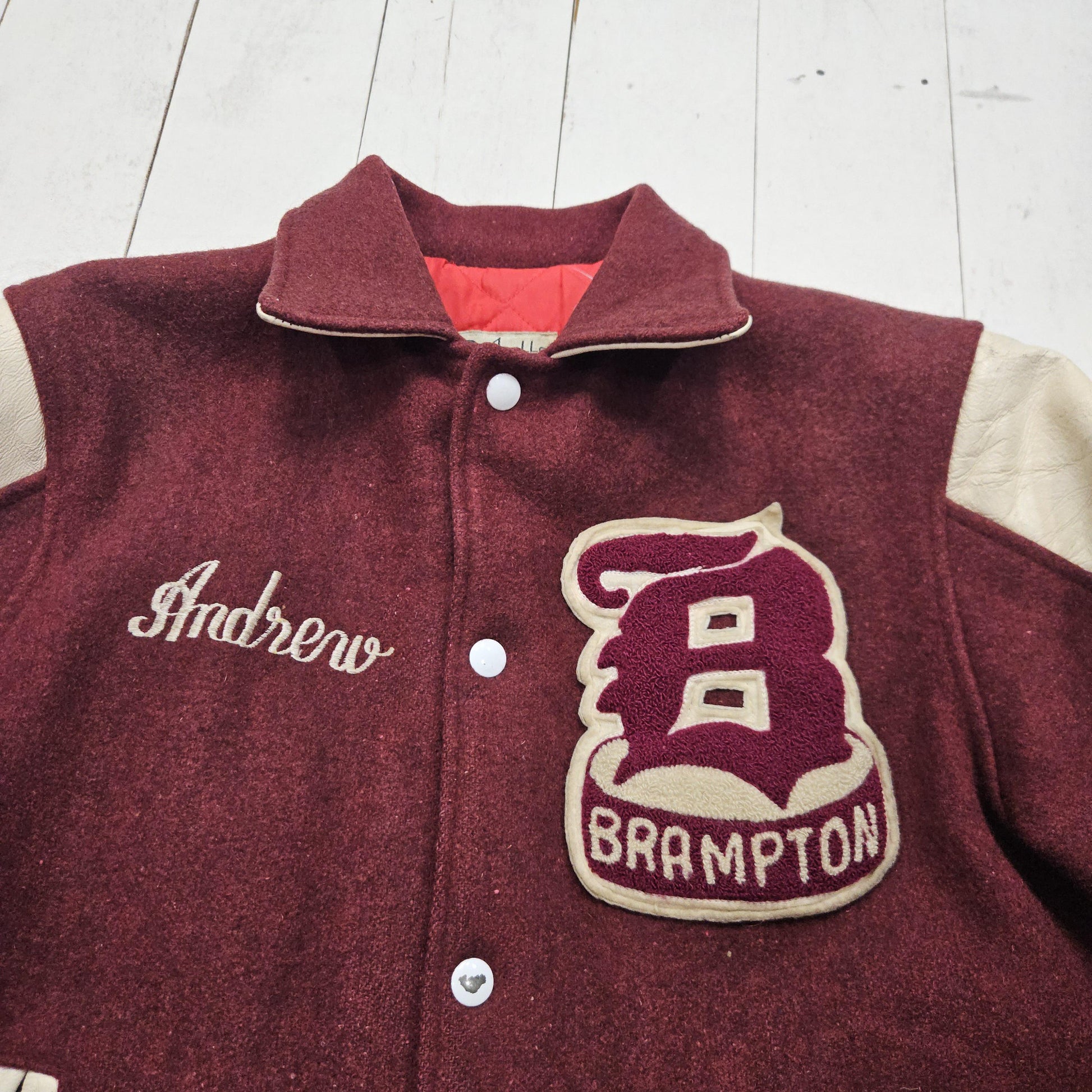 1970s Apollo Brand Maroon Brampton Quilted Lined Wool Leather Varsity Letterman Jacket Size S