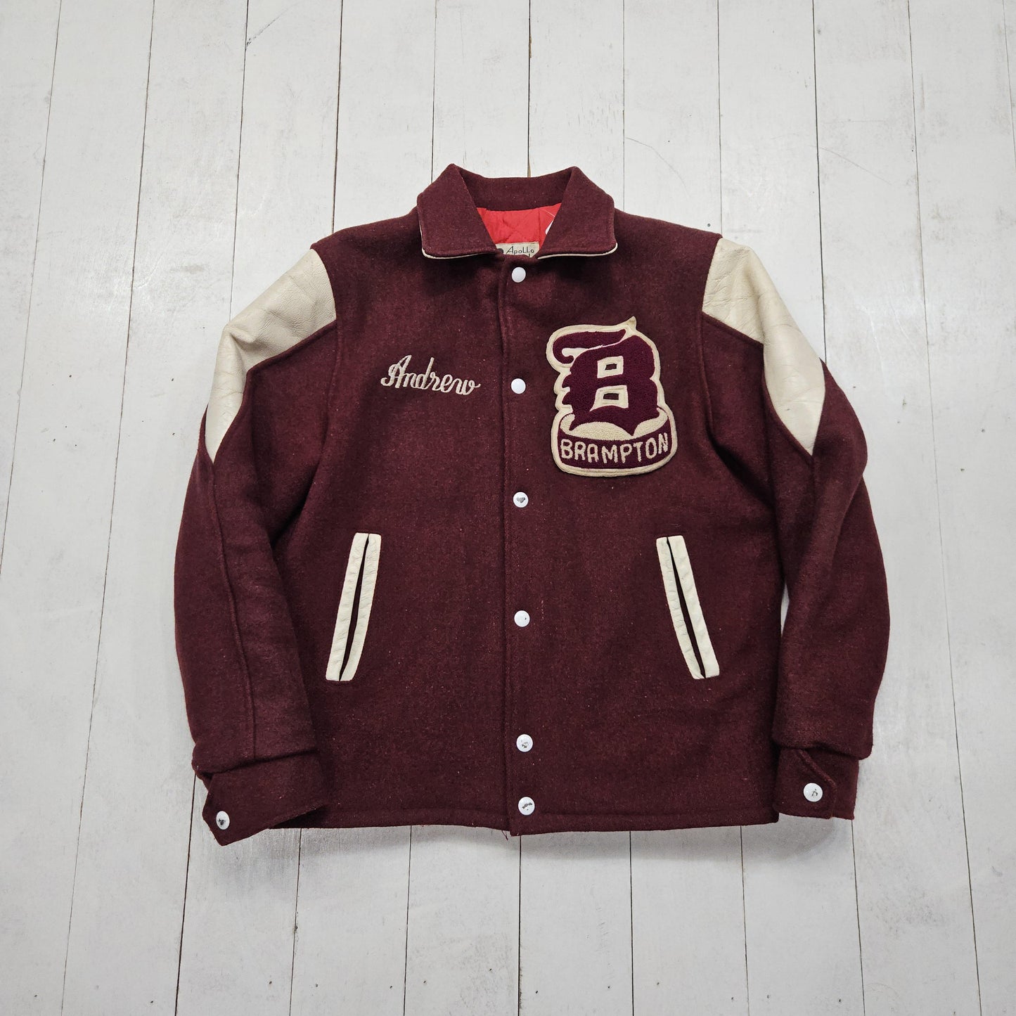 1970s Apollo Brand Maroon Brampton Quilted Lined Wool Leather Varsity Letterman Jacket Size S