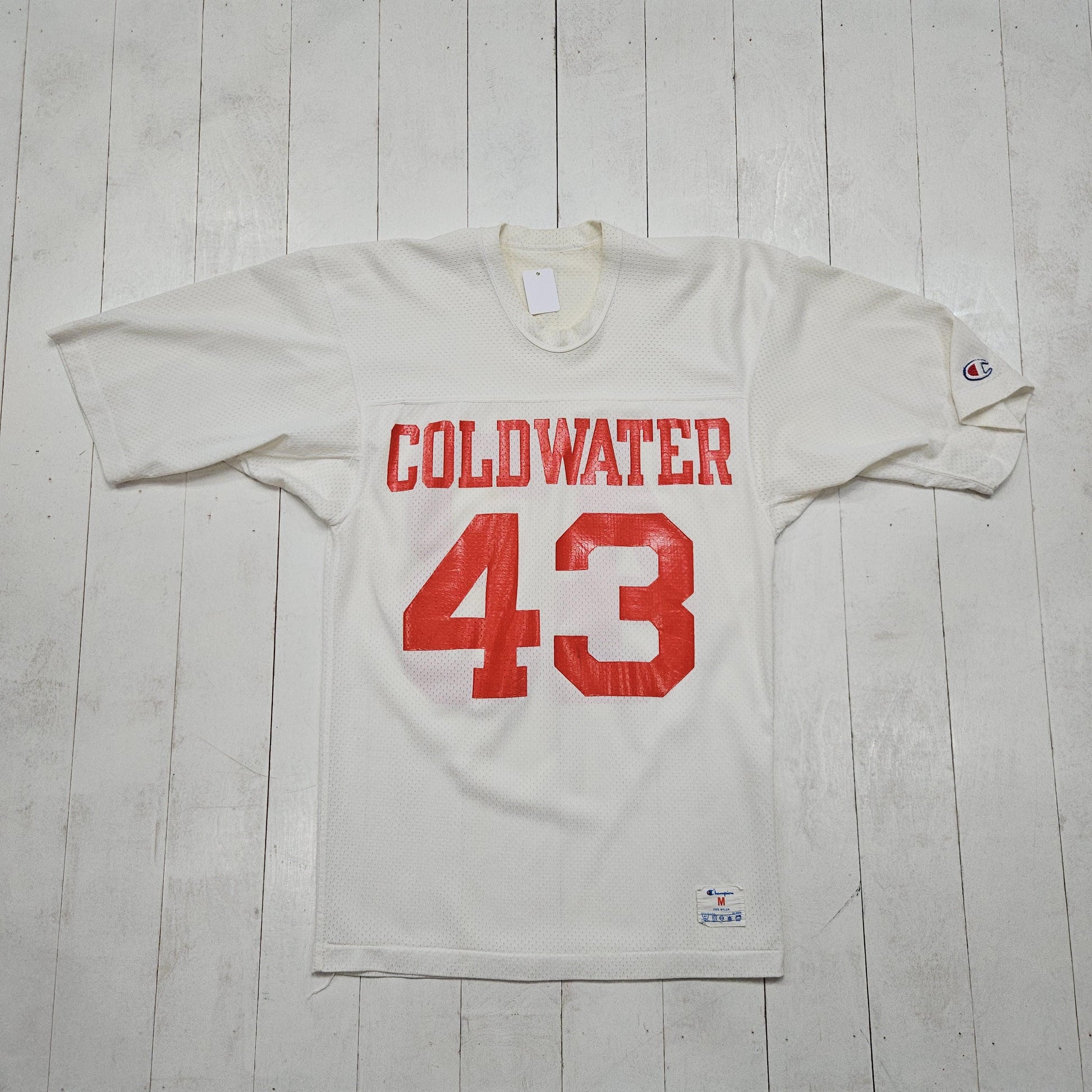 1980s Champion Coldwater High School White 43 Football Jersey Made in USA Size M