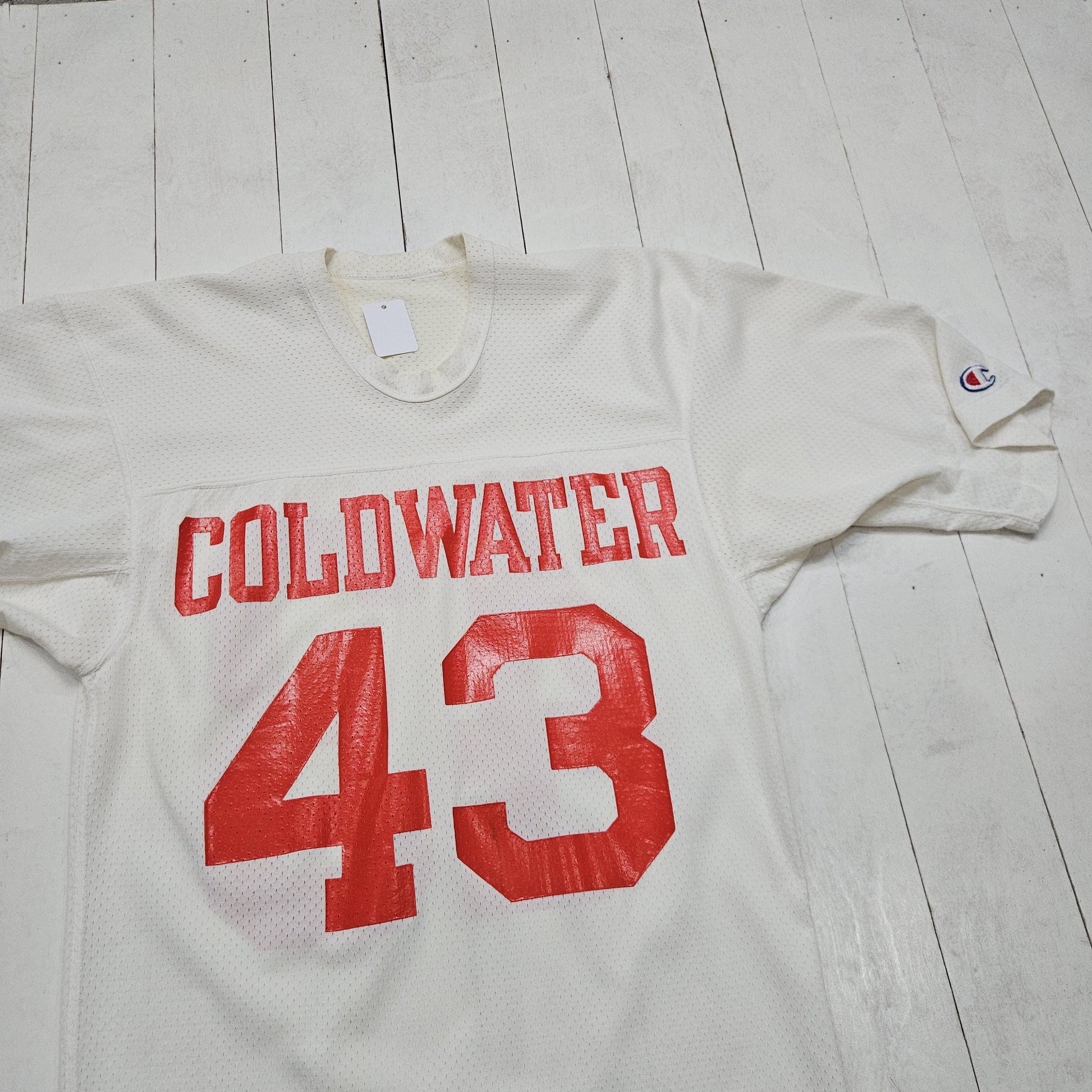 1980s Champion Coldwater High School White 43 Football Jersey Made in USA Size M