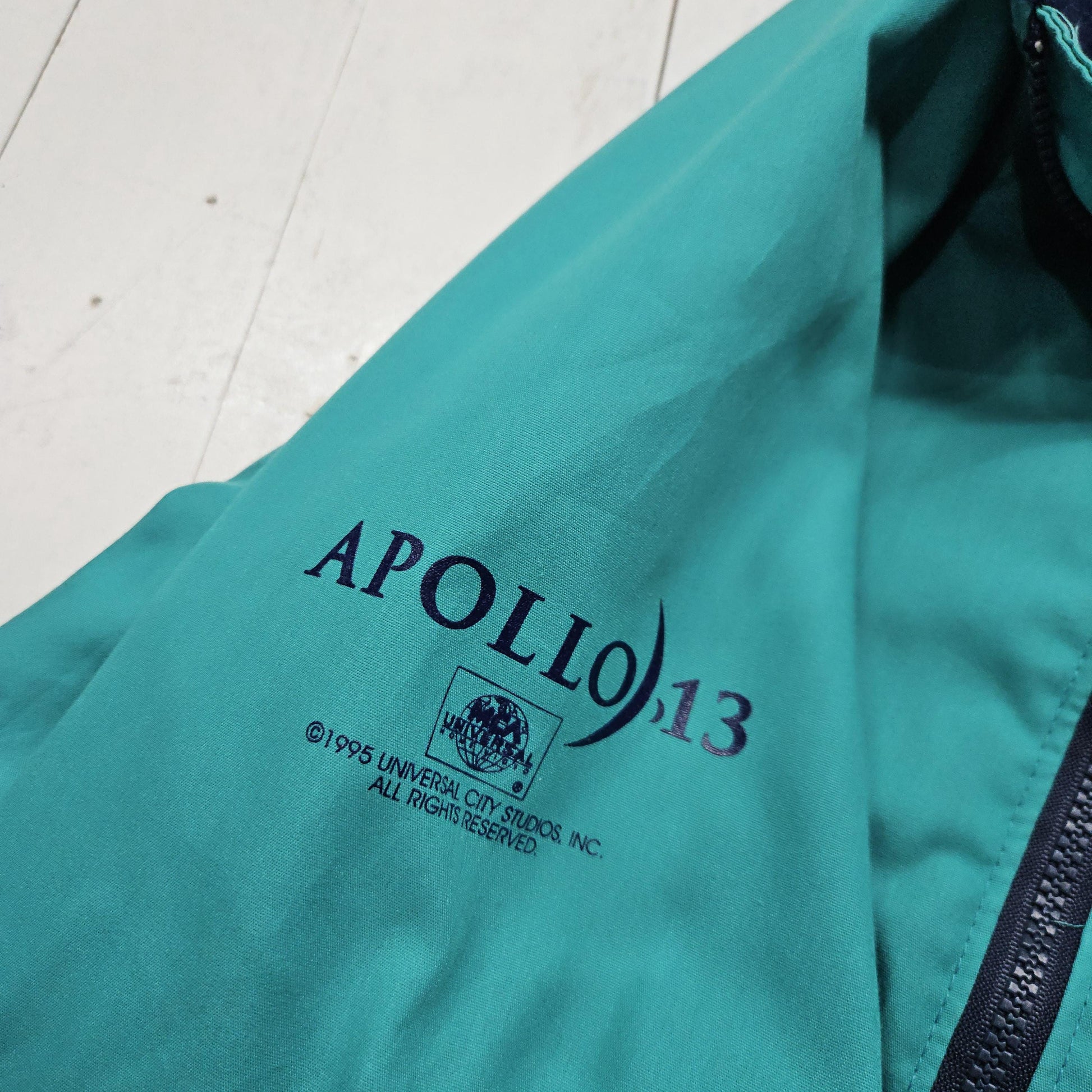 1990s 1995 Auburn Sportswear Teal Premiere Video Apollo 13 Movie Promotional Fleece Lined Jacket Made in USA Size L/XL