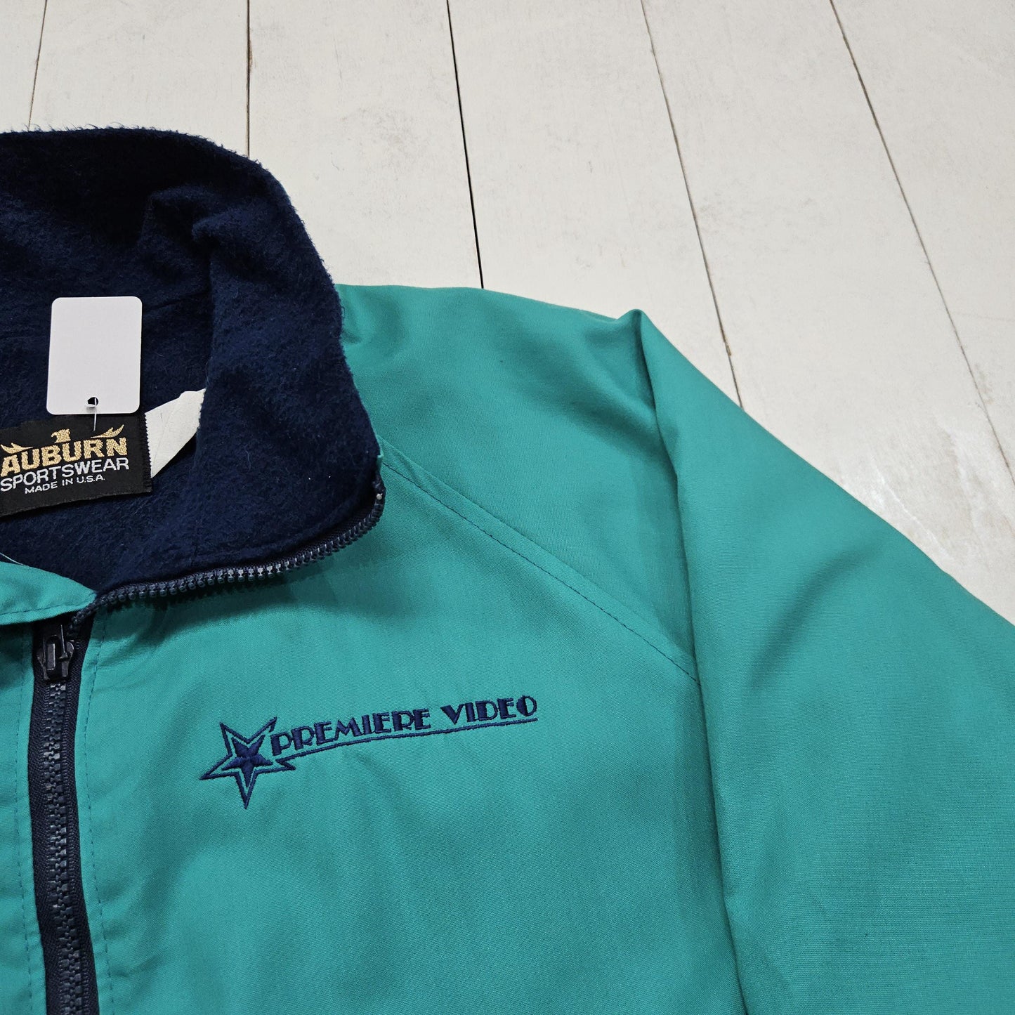 1990s 1995 Auburn Sportswear Teal Premiere Video Apollo 13 Movie Promotional Fleece Lined Jacket Made in USA Size L/XL