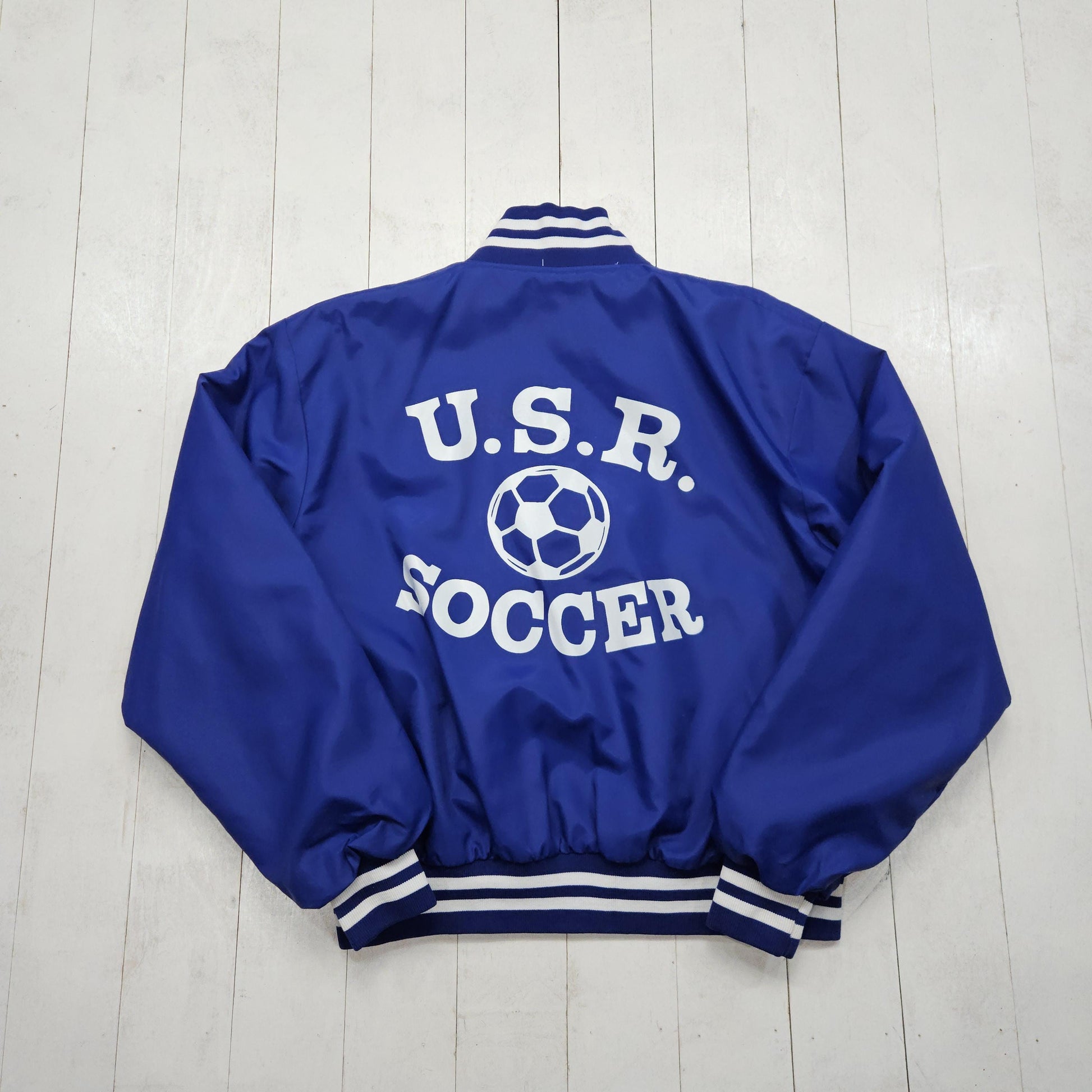 1980s/1990s F&C Sportswear Blue USR Soccer Nylon Bomber Jacket Made in USA Size XL