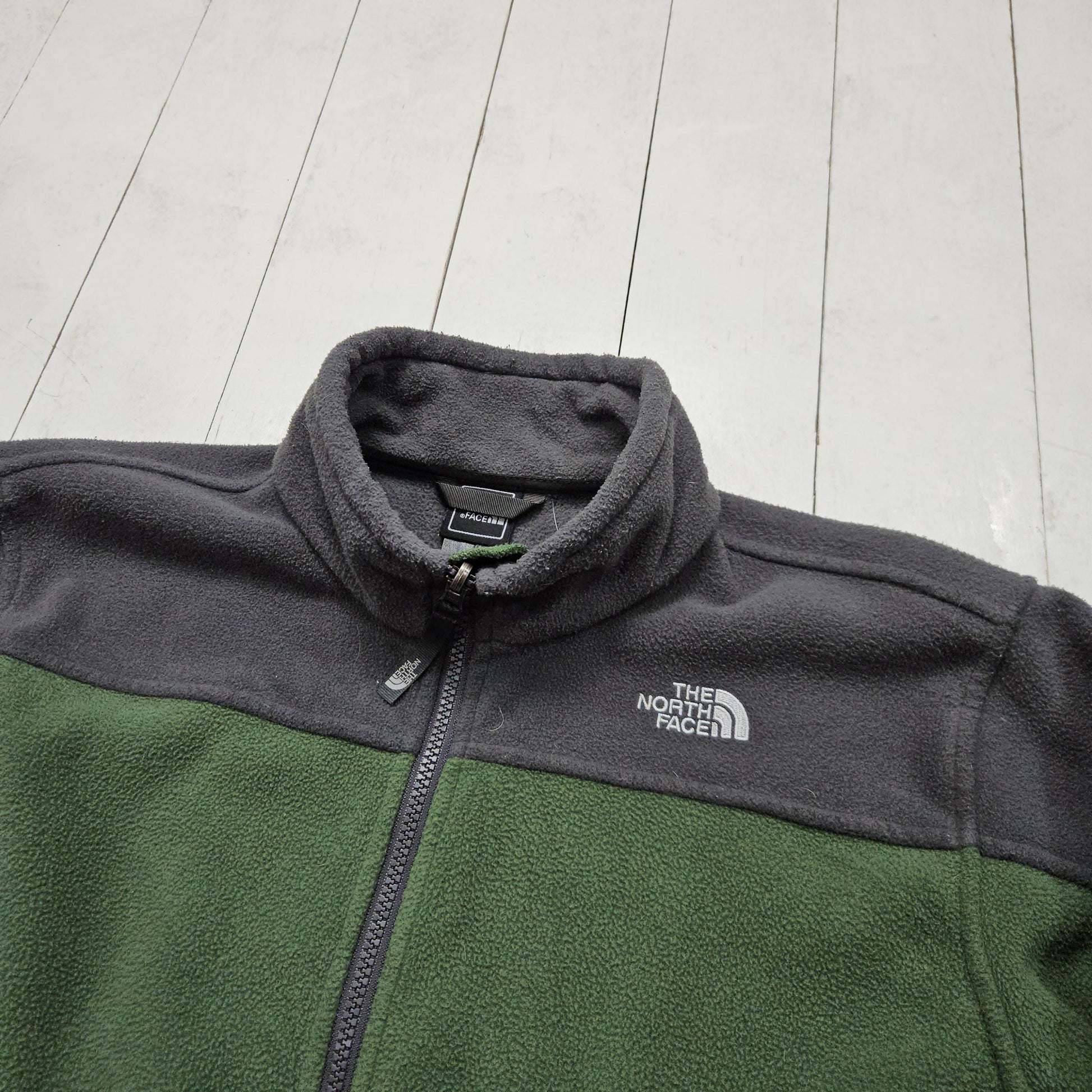 2010s The North Face TNF Green Grey Full Zip Fleece Sweatshirt Jacket Size L