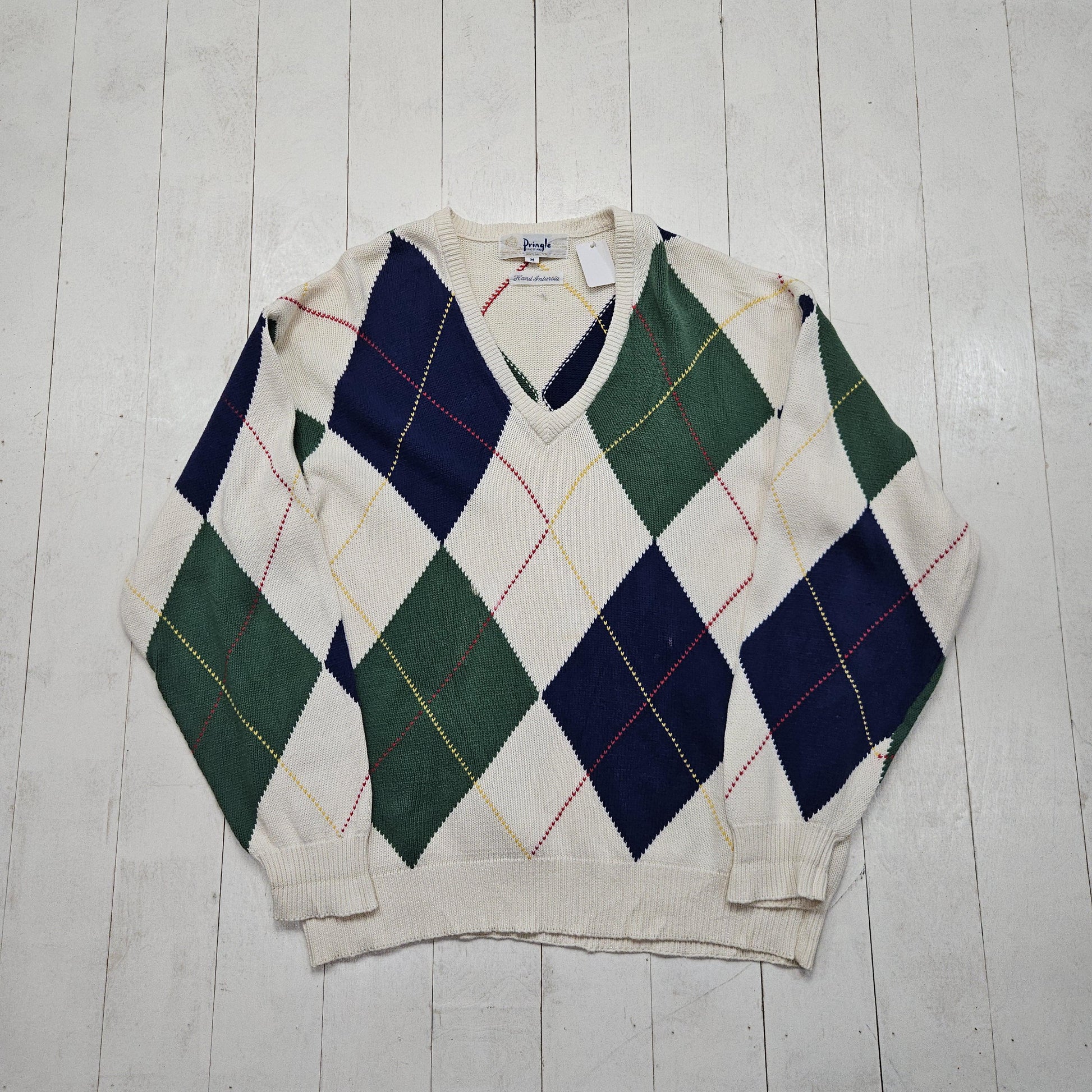 1980s Pringle of Scotland Hand Intarsia Argyle Knit Cotton V-Neck Sweater Size L