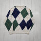 1980s Pringle of Scotland Hand Intarsia Argyle Knit Cotton V-Neck Sweater Size L