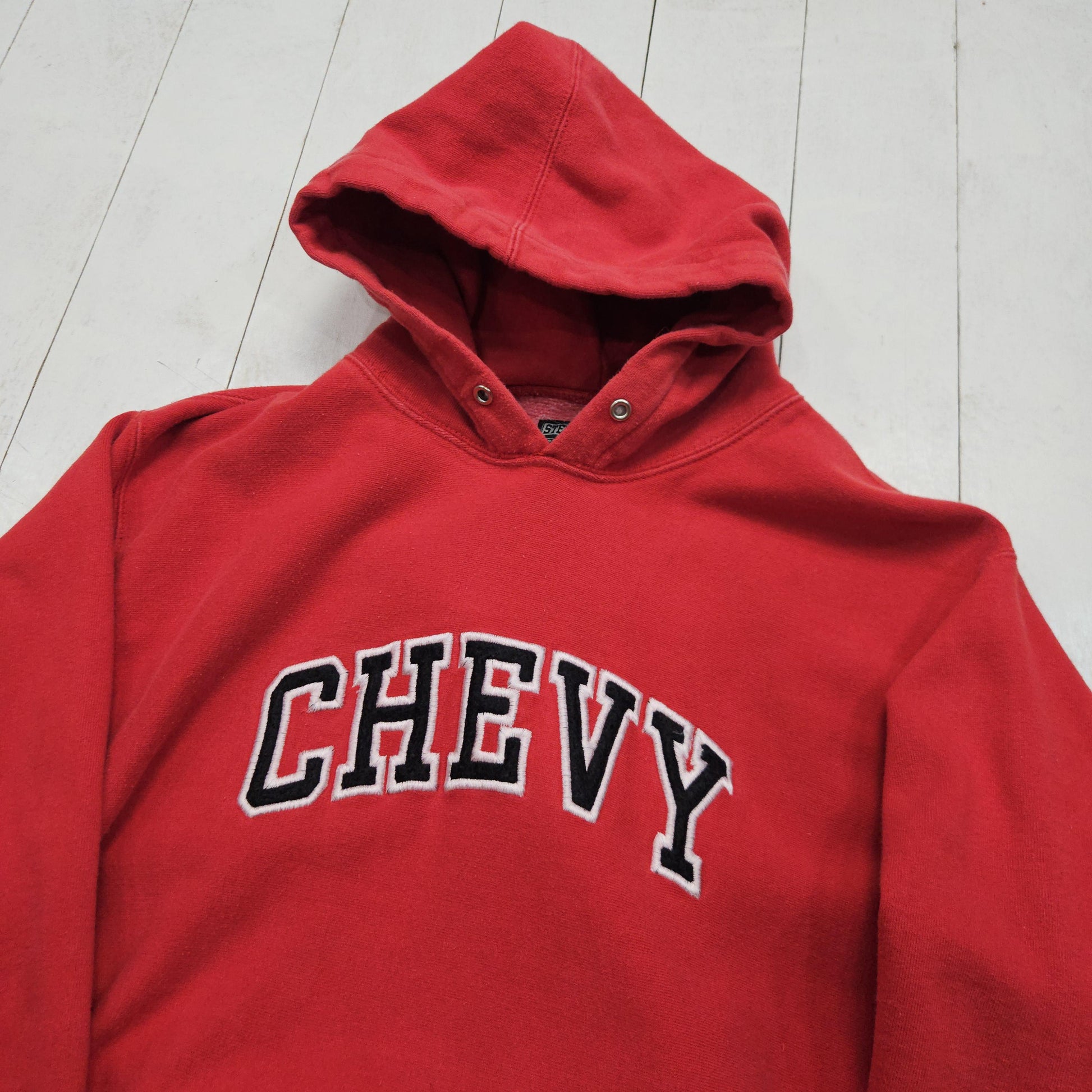 2000s Y2K Steve & Barry's Red Chevy Spellout Reverse Weave Style Hoodie Sweatshirt Size S/M