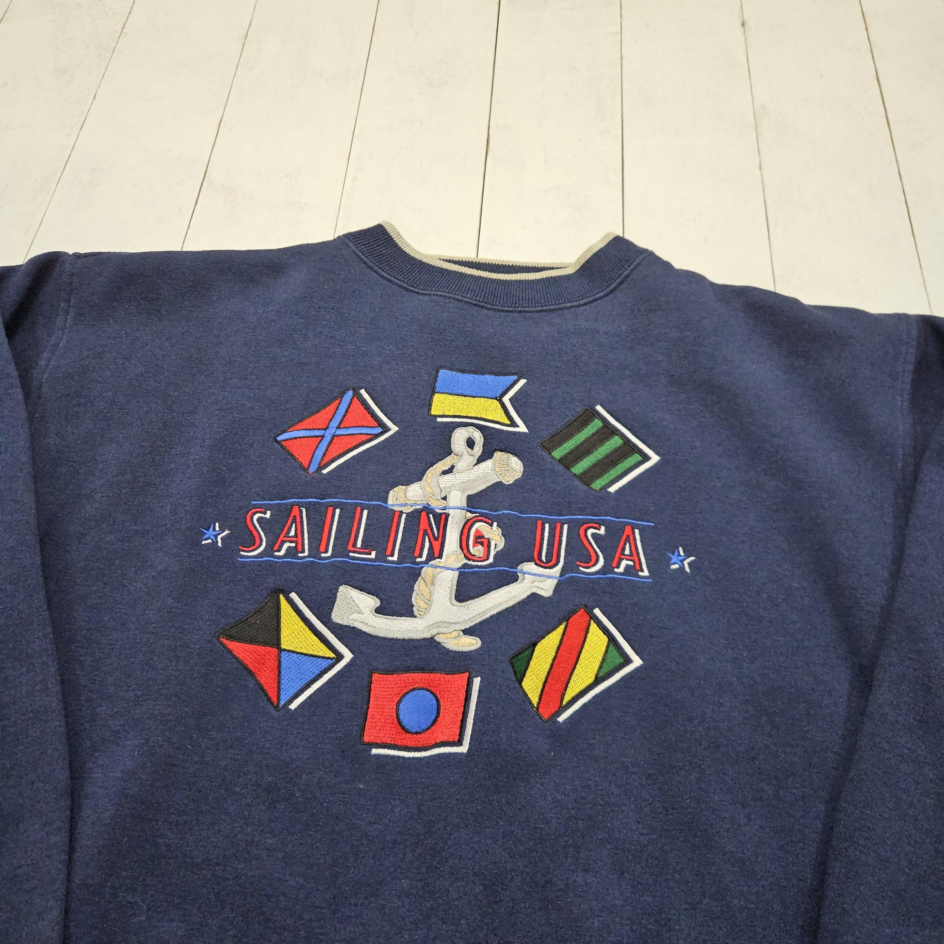 1990s Red Cliff Trading Co Blue Sailing USA Embroidered Sweatshirt Size M