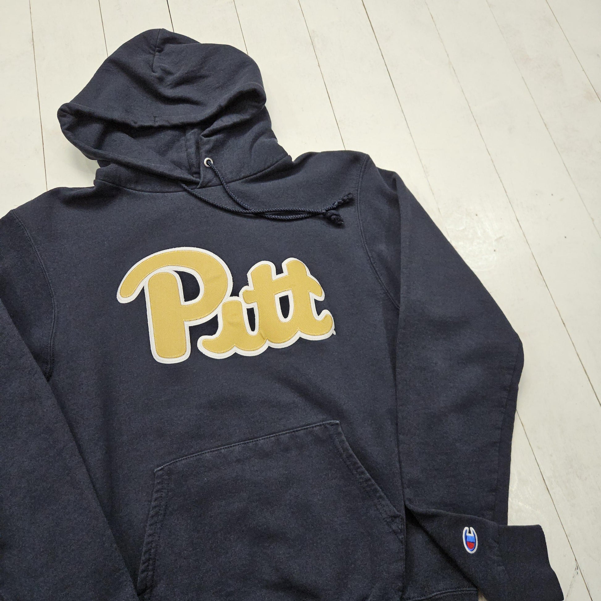 2010s Champion Blue Pittsburgh University Embroidered Spellout Hoodie Sweatshirt Size S