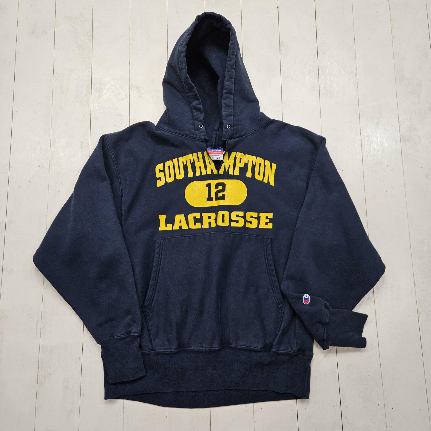 2000s Y2K Champion Blue Southampton Lacrosse Reverse Weave Hoodie Sweatshirt Size M