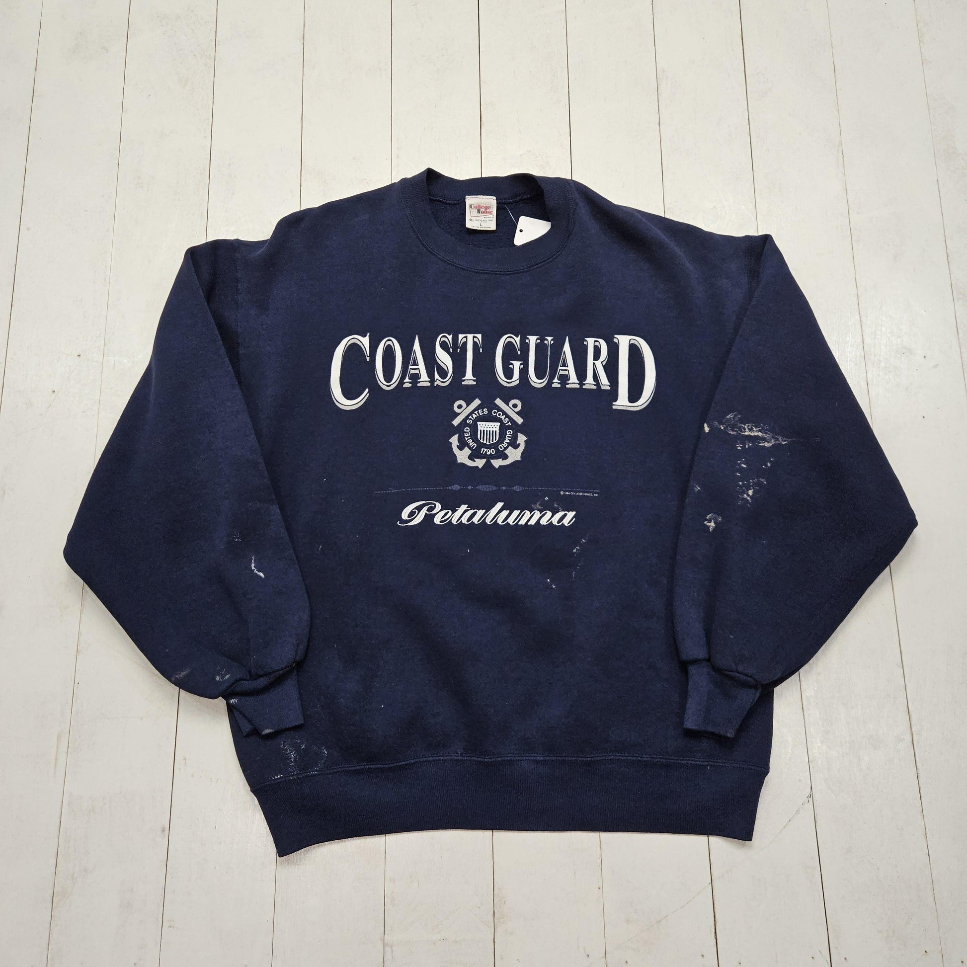 1990s 1994 College House Blue Coast Guard Petaluma Training Center Sweatshirt Made in USA Size M/L