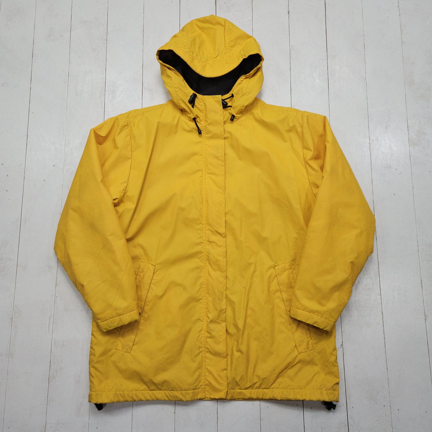 2000s Y2K Lands' End Yellow Vinyl Fleece Lined Rain Jacket Size M/L