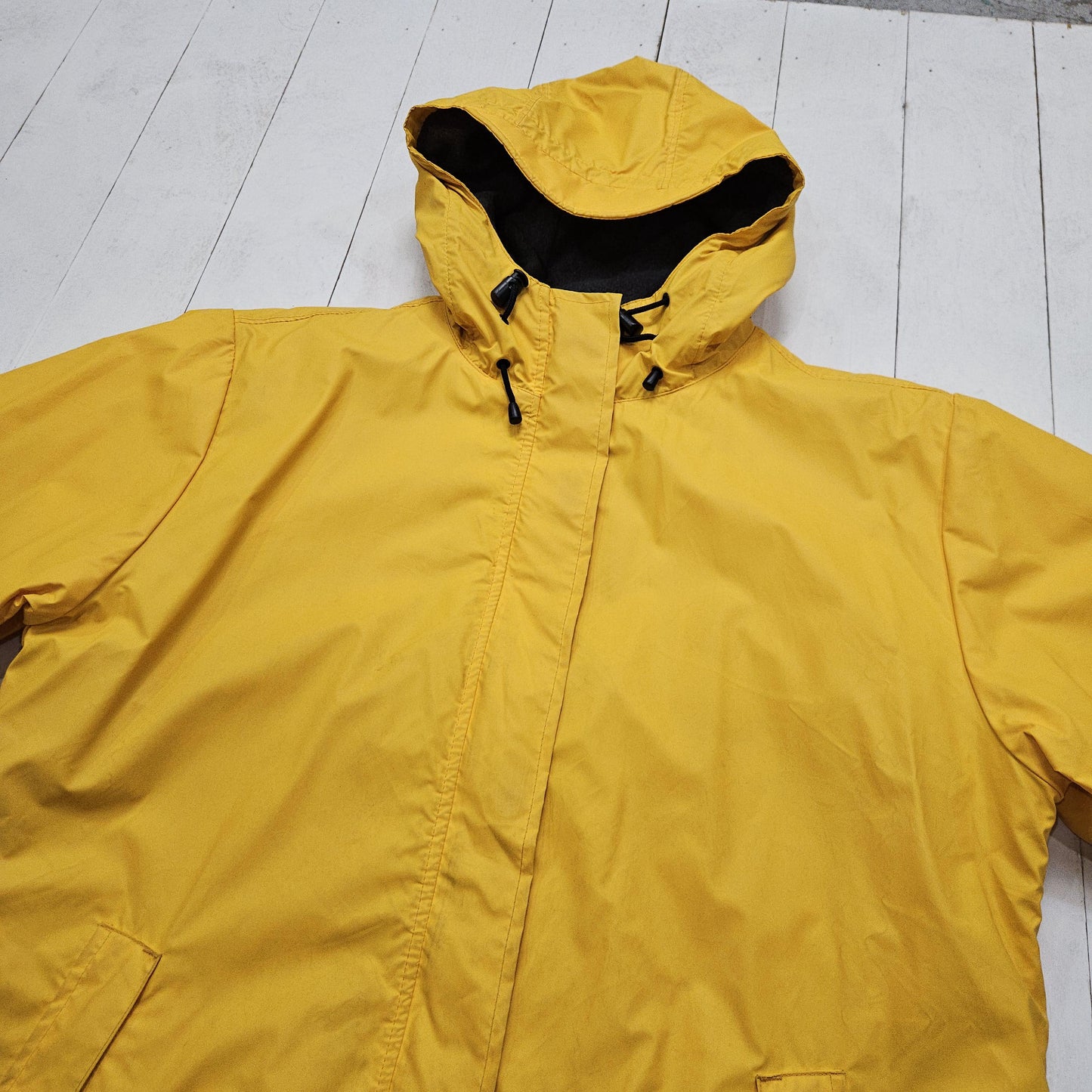 2000s Y2K Lands' End Yellow Vinyl Fleece Lined Rain Jacket Size M/L