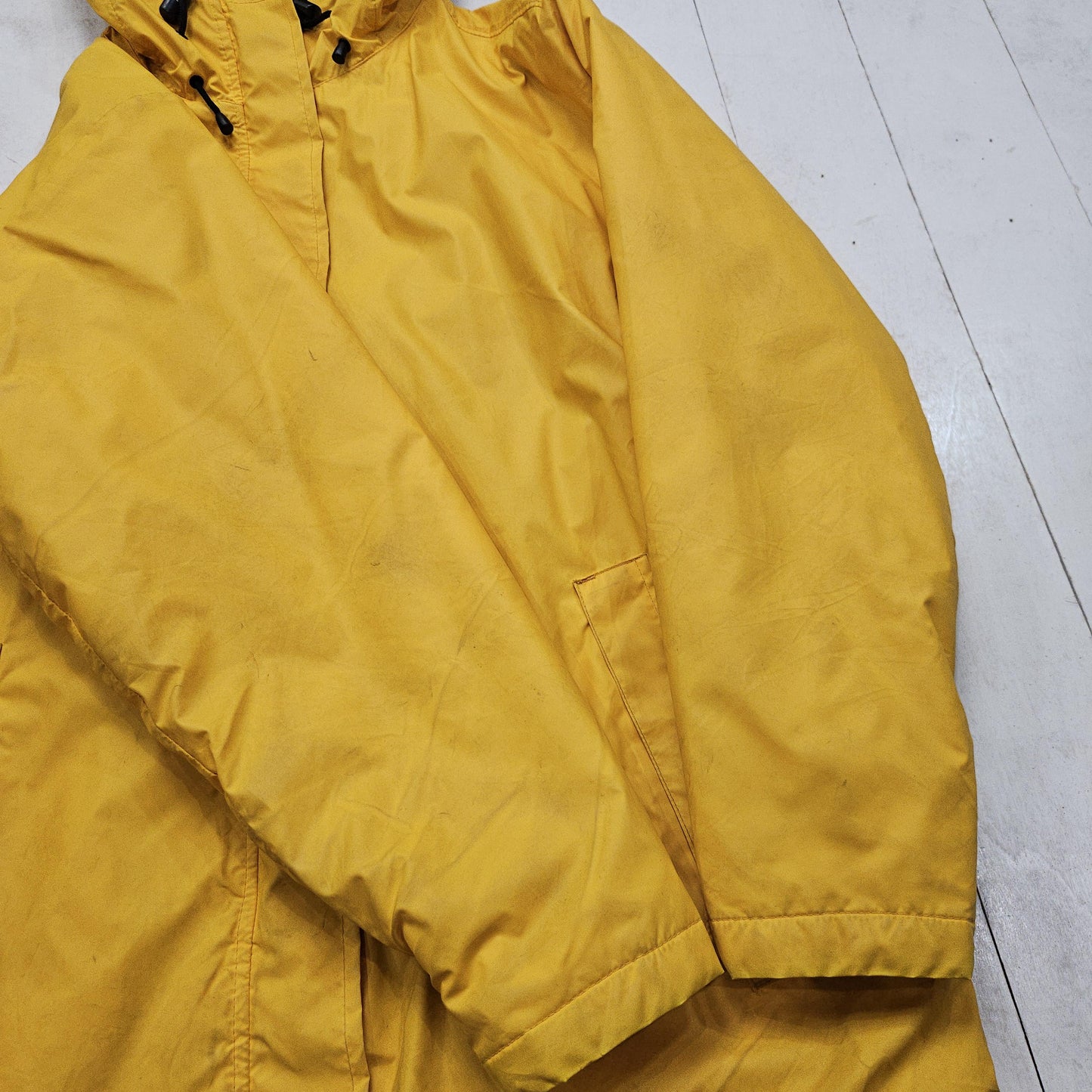 2000s Y2K Lands' End Yellow Vinyl Fleece Lined Rain Jacket Size M/L