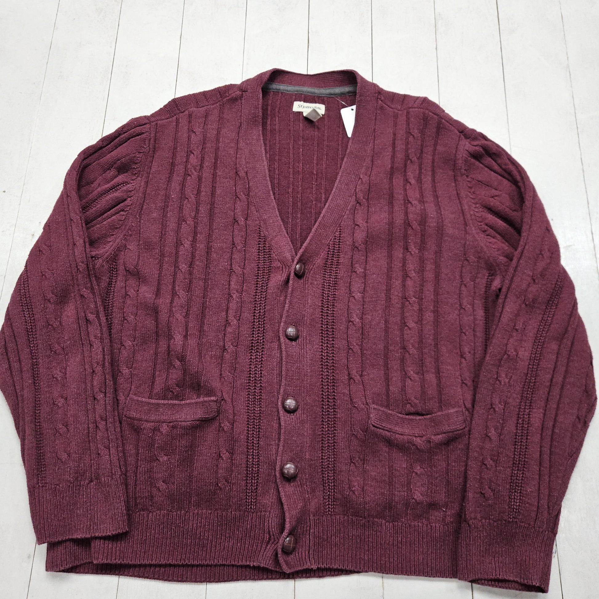 2010s St John's Bay Maroon Cable Knit Cotton Acrylic Cardigan Sweater Size L