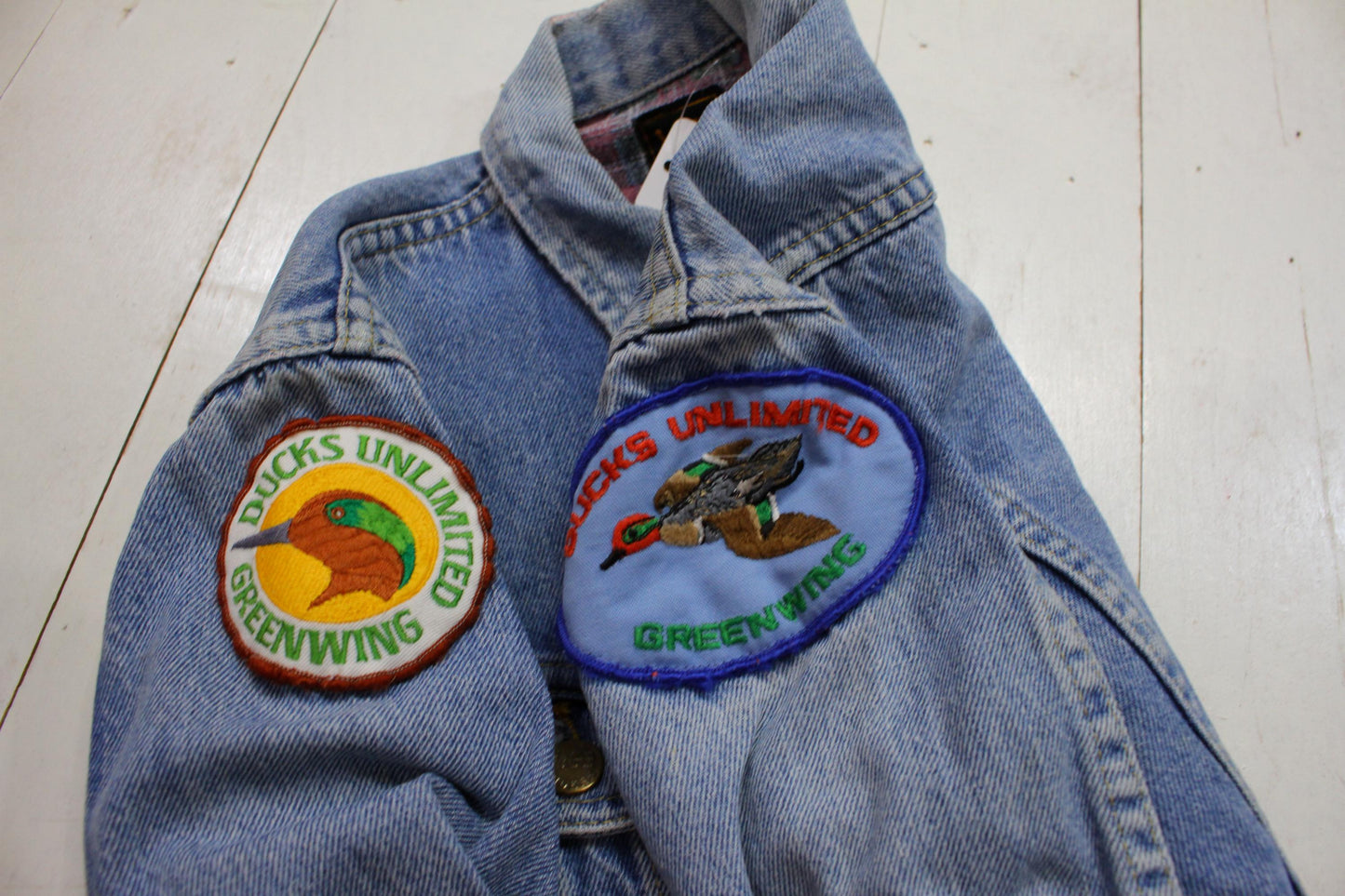 1980s Lee Riders Denim Trucker Jacket Duck Patches Made in USA Kid's Size M/L