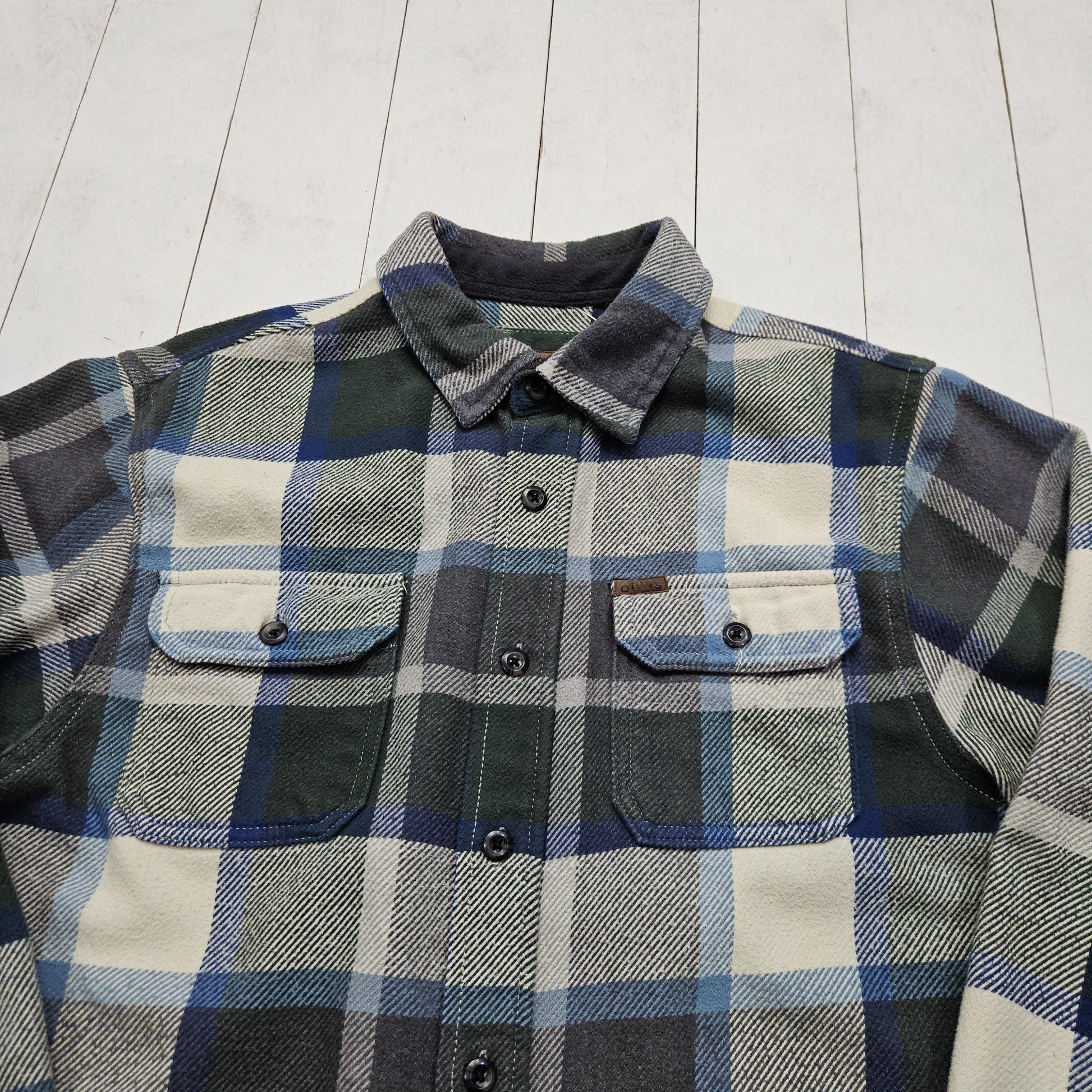 2000s Orvis Green/Blue Plaid Flannel Shirt Jacket Shacket Size M/L