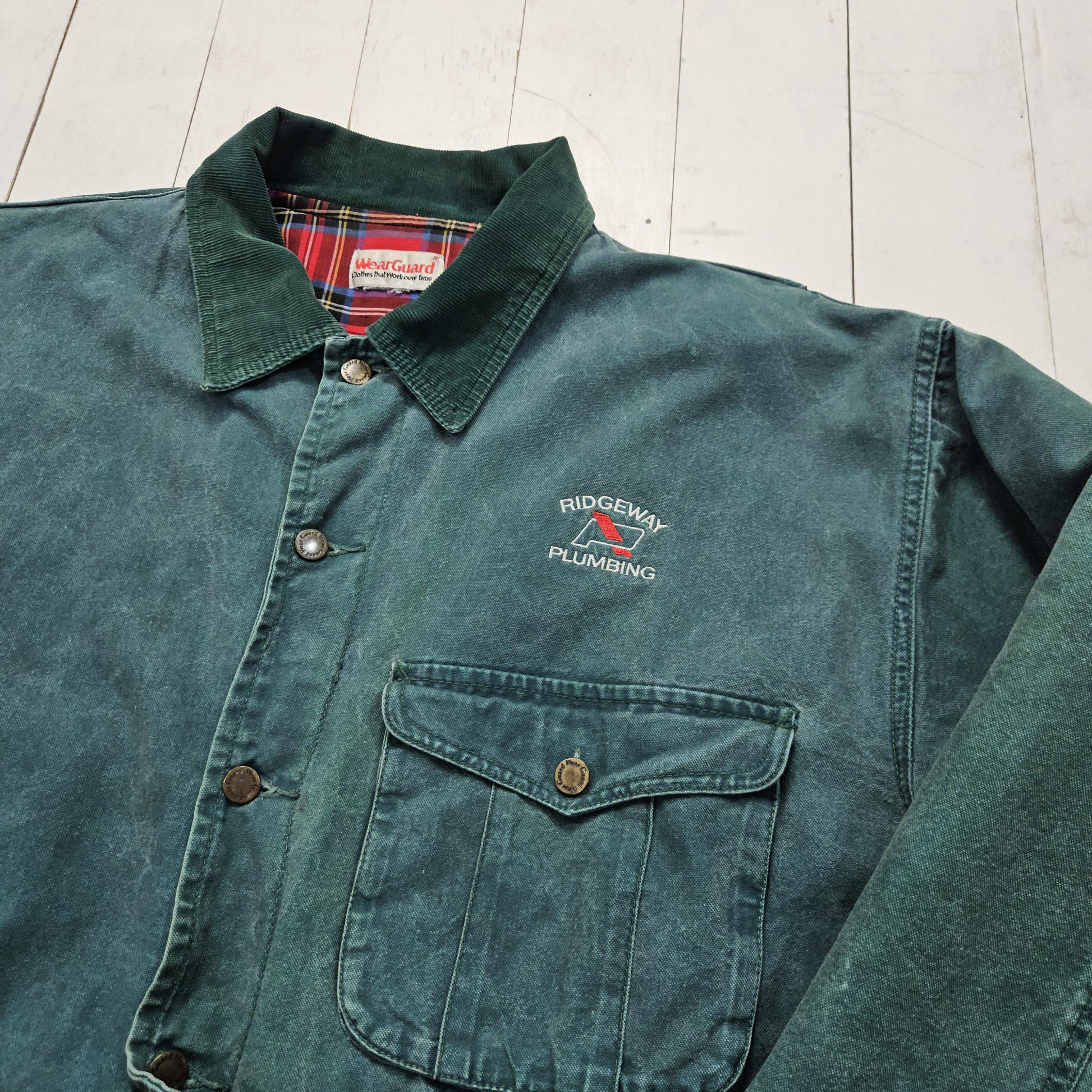 1990s/2000s Y2K WearGuard Ridgeway Plumbing Green Flannel Lined Light Insulated Chore Coat Jacket Size XXL