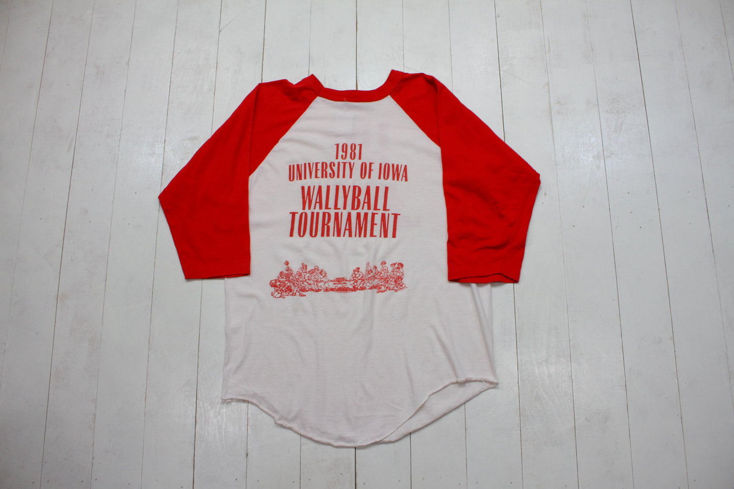 1980s 1981 Miller Lite University of Iowa Wallyball 3/4 Sleeve Raglan Beer T-Shirt Made in USA Size L