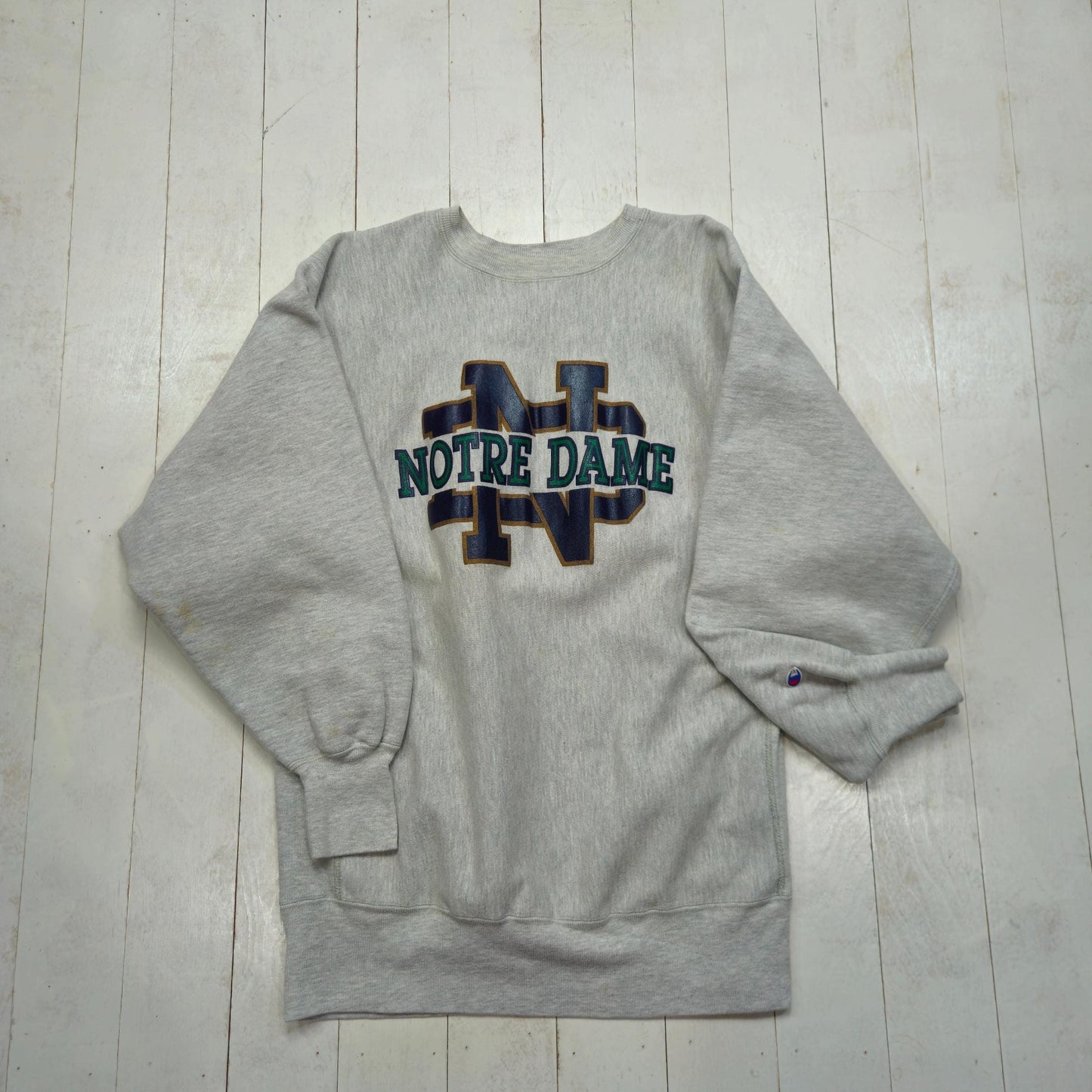 1990s Champion Grey Notre Dame University Reverse Weave Sweatshirt Made in USA Size L/XL