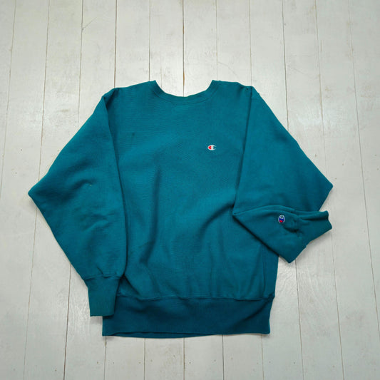 1990s Champion Teal Blank Reverse Weave Sweatshirt Made in USA Size L