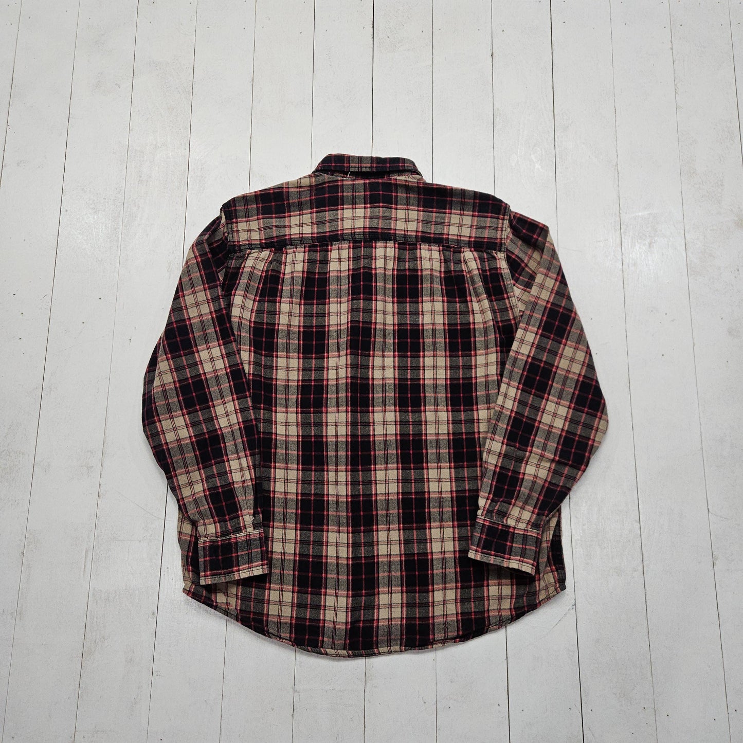 2000s/2010s Faded Glory Red Black Beige Plaid Button Down Flannel Shirt Size L